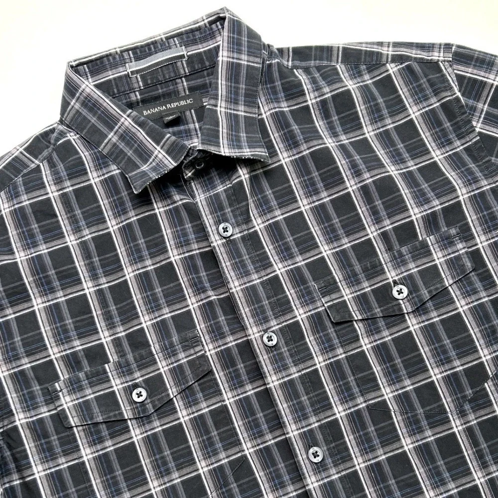Banana Republic Mens Short Sleeve Plaid Button Down Shirt Black Large Stretch